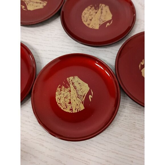 Vintage 1950s Japanese Asian Lacquered Coasters With Box Hand Painted Set Of 5 - Picture 2 of 7